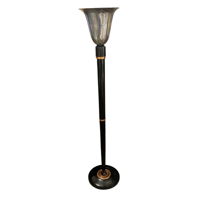 Pair of Art Deco floor lamps with a black lacquered wooden base and structure, with copper applications and a silver metal...