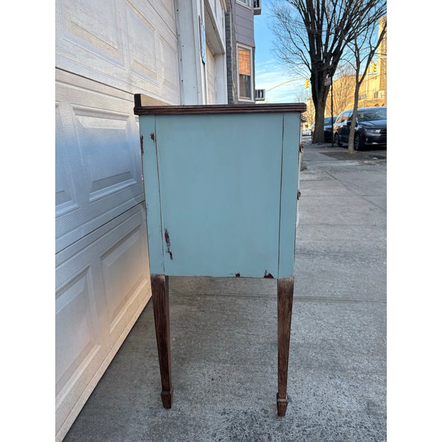 1920s Painted Sideboard Buffet | Antique Bow Front Server | Hepplewhite Revival Cabinet | Blue Wood Credenza | Farmhouse Cottage Wood Buffet For Sale - Image 4 of 12
