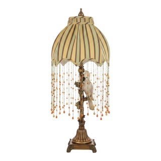 Vintage Cockatoo Table Lamp | Beaded Dome Shade For Sale