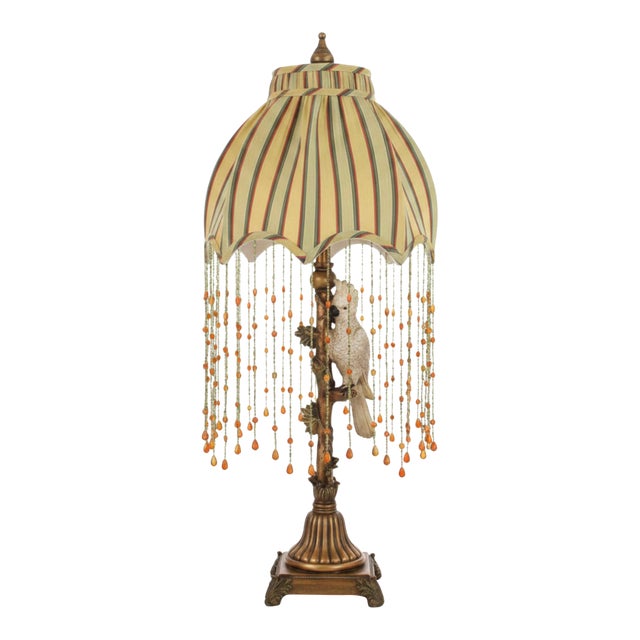Vintage Cockatoo Table Lamp | Beaded Dome Shade For Sale