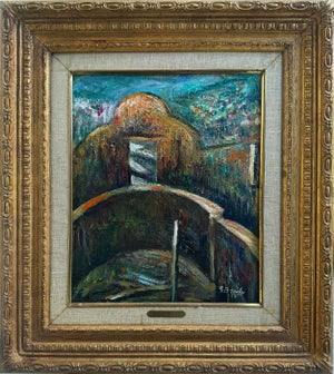 1950s Oil Painting on Wood, Venezuelan Artist Gabriel Bracho Aquaduct Door of Caracas