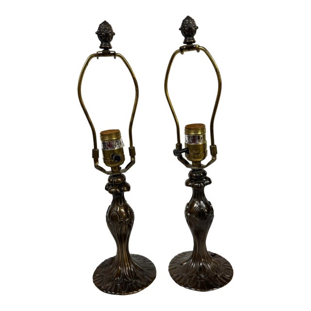 Petite Art Nouveau Style Bronze Finish Table Lamps- A Pair For Sale