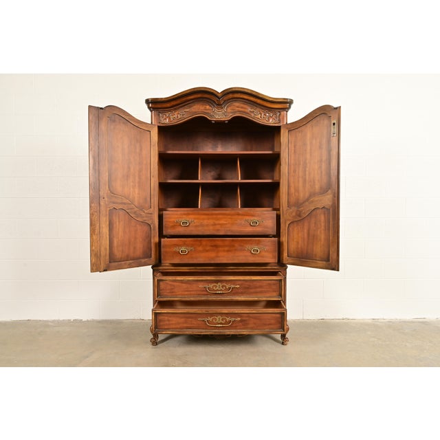 1970s Drexel Heritage French Provincial Louis XV Carved Walnut Armoire Dresser or Linen Press For Sale - Image 5 of 16
