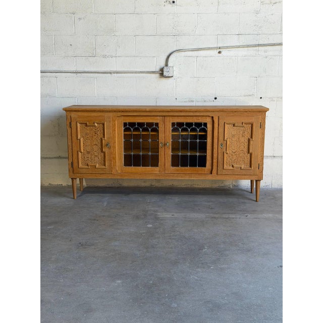 Vintage Danish Oak Sideboard Cabinet in Style of Henning, Brutalist Leaded Glass Credenza For Sale - Image 4 of 10