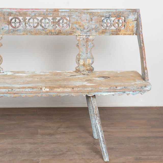 19th Century Hungarian Original Hand Painted Peg-Leg Oak Bench For Sale - Image 15 of 17
