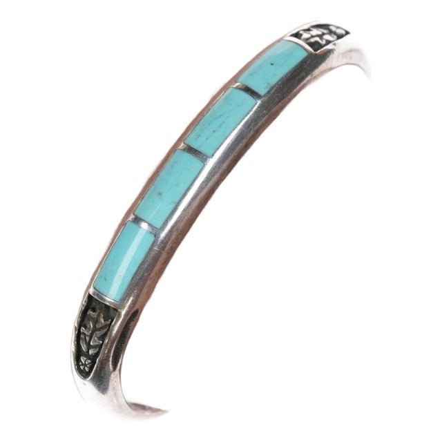 6.25" Vintage Zuni silver and turquoise channel inlay bracelet For Sale