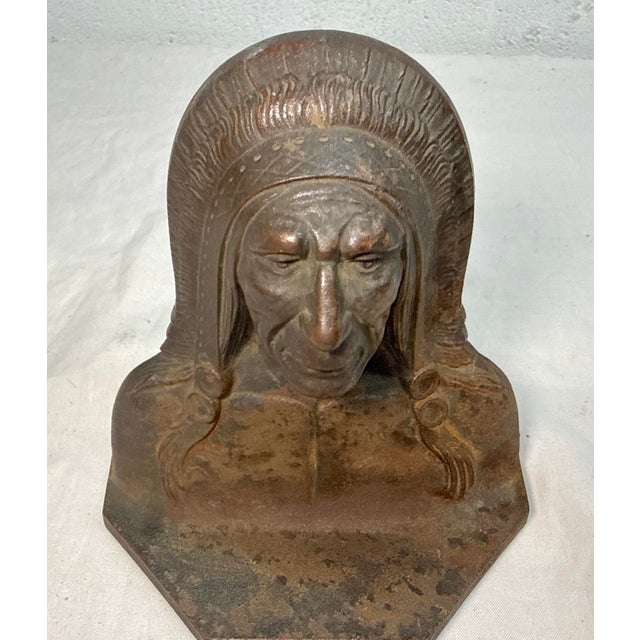 Native American Antique Elaborately Cast Native American Indian Chief Cast Iron Doorstop Statue For Sale - Image 3 of 10