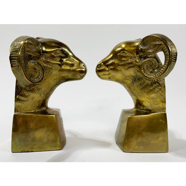 Mid 20th Century Vintage Brass Rams Head Bookends For Sale - Image 5 of 8
