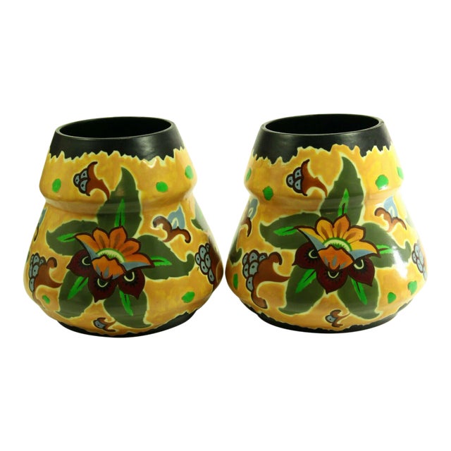 1920s Art Deco Studio Pottery Vases Made in Czechoslovakia- a Pair For Sale