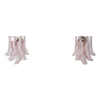 Pair of Italian Murano Wall Lights Mazzega – 10 Pink Lattimo Glass Petals For Sale