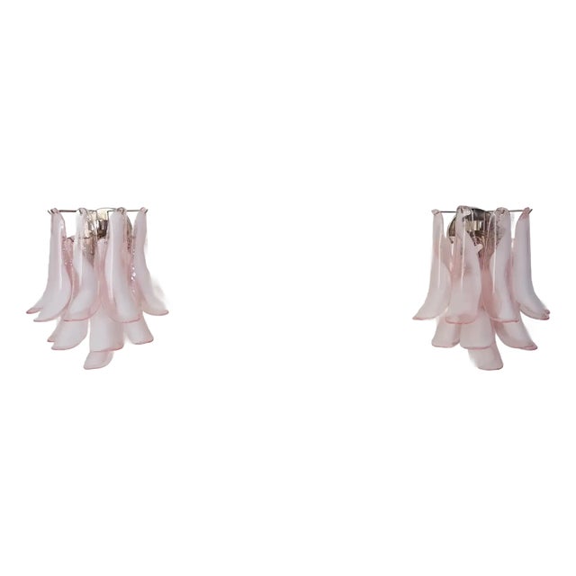 Pair of Italian Murano Wall Lights Mazzega – 10 Pink Lattimo Glass Petals For Sale