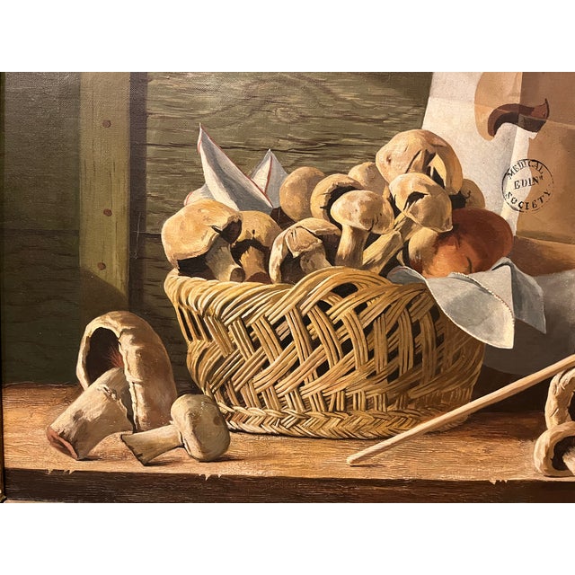 James DeVries tromp l'oeil still life oil painting on canvas titled "Mushrooms". Signed and dated 1962 upper right. Palm...