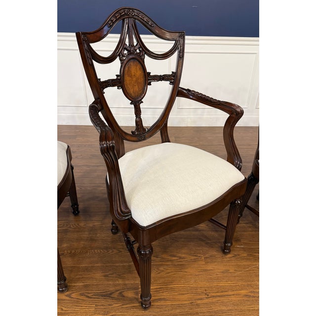 Set of Four Inlaid Shieldback Dining Chairs With Arms - Showroom Samples For Sale - Image 12 of 12