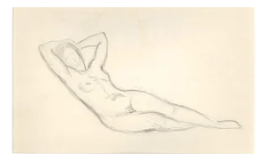 Lying Female Nude, Original Drawing, Early 20th-Century