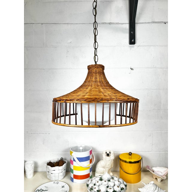 Wood Mid Century Rattan Wicker Pendant Light For Sale - Image 7 of 8