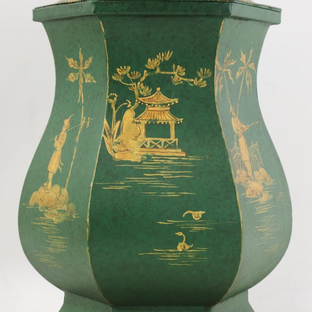 Vintage Green and Gold Hand Painted Tole Scalloped Hexagon Table Lamp Chinoiserie Temple Shape Pagoda Scene For Sale - Image 13 of 15
