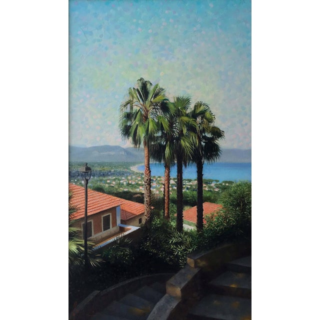 San Felice by Diego Glazer | Oil on canvas Landscape with palm trees and coastal view For Sale