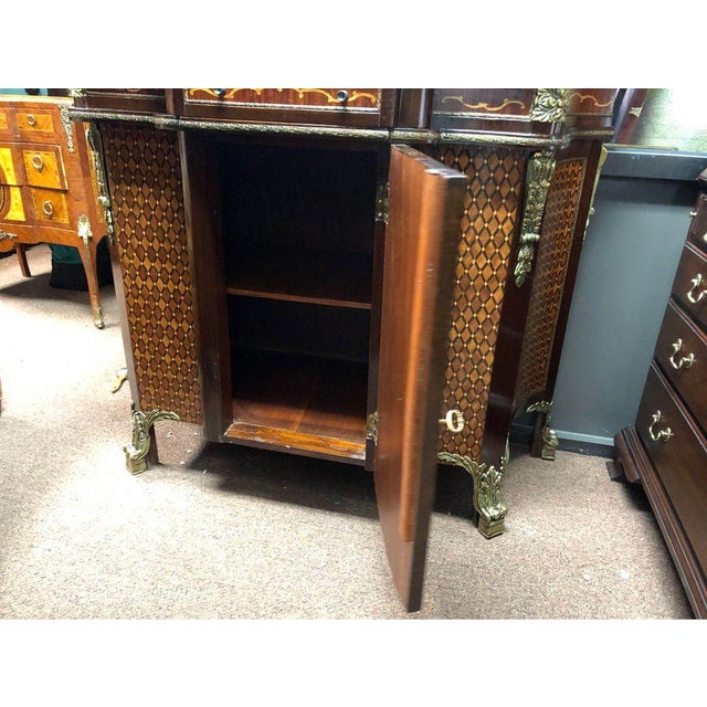 Vintage Louis XV French Style Gilt Bronze Mounted Parquetry Marble Top Cabinet Sideboard Credenza For Sale - Image 12 of 17