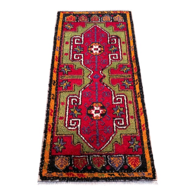 Contemporary 1970s Hand Made Turkish Mat Rug Colorful Small Rug Kitchen Mat Organic Wool - 1'8" X 3'5" For Sale - Image 3 of 11