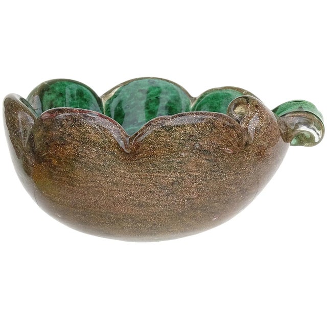 Mid 20th Century Murano Green Vintage Copper Aventurine Flecks Italian Art Glass Scalloped Rin Decorative Bowl Personal Ashtray For Sale - Image 5 of 6