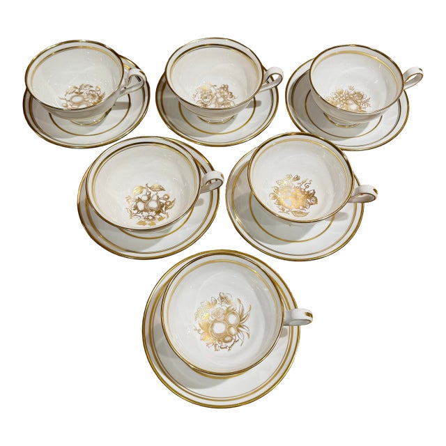 Mid 20th Century Spode Golden Harvest Footed Tea Cups and Saucers Set of 6 - 12 pcs For Sale