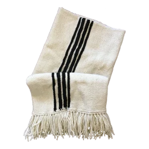 Bespoke "Villa" Sheep's Wool Throw With Tassels (Cream/Obsidian)