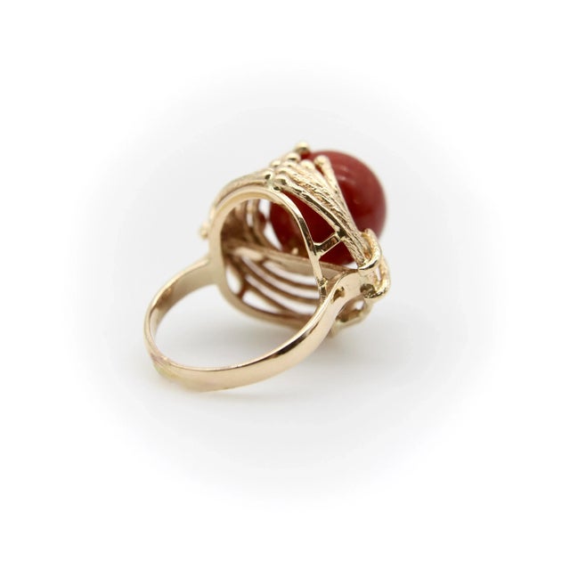 Vintage 14k Gold Freeform Sardinian Coral Sphere Ring Size 5 For Sale - Image 4 of 9