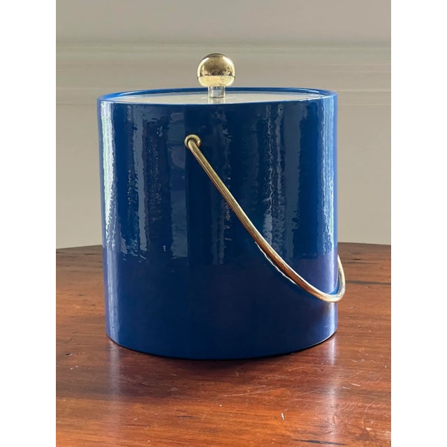 Mid 20th Century Vintage Blue Ice Bucket With Gold Handle For Sale - Image 5 of 10