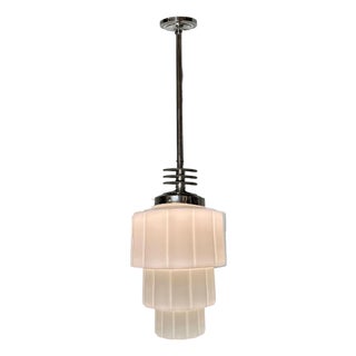1930s Art Deco Chrome Streamline Pendant Light W/ Stepped Milk Glass Skyscraper Shade For Sale