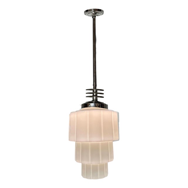1930s Art Deco Chrome Streamline Pendant Light W/ Stepped Milk Glass Skyscraper Shade For Sale