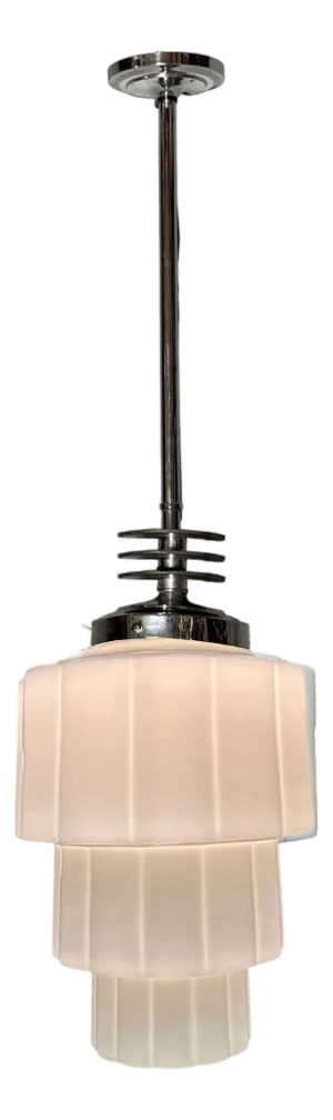 1930s Art Deco Chrome Streamline Pendant Light W/ Stepped Milk Glass Skyscraper Shade
