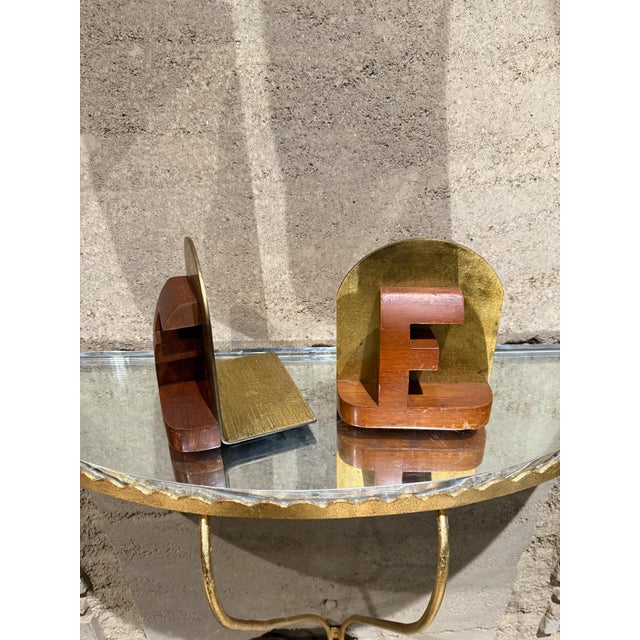 Brass Midcentury Sculptural Bookends Brass and Wood For Sale - Image 8 of 8