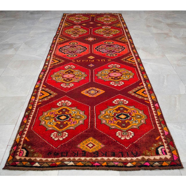 Textile Vintage Hand-Knotted Turkish Area Rug Wide Hallway Rug Gallerie Runner Rug- 3′11″ X 12′6″ For Sale - Image 7 of 16
