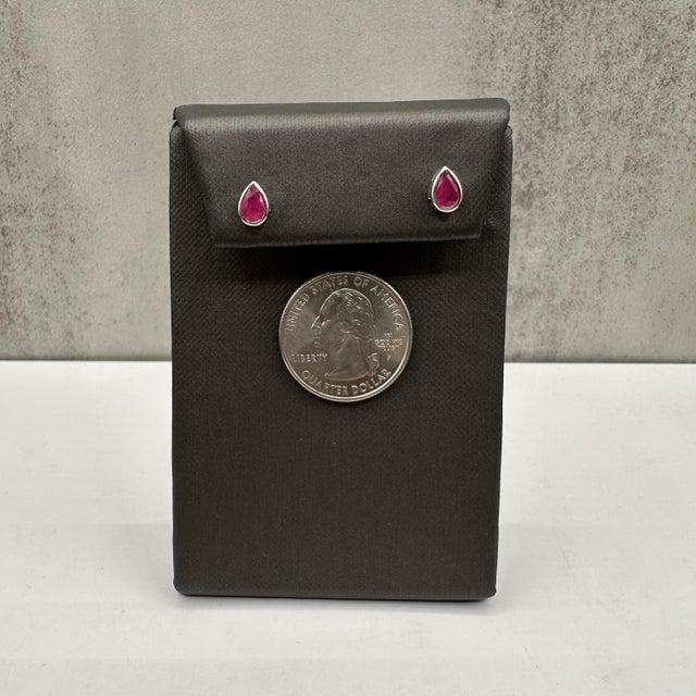 Bezel Set Ruby Studs in 14kt White Gold – 6x4mm Pear-Shaped Rubies, Push Backs, A Pair For Sale - Image 4 of 5