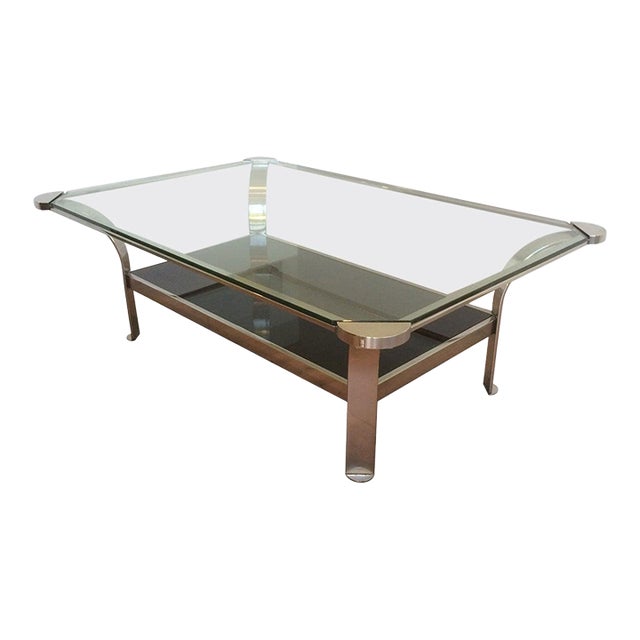1970s Large Design Chrome Coffee Table with Glass Shelves For Sale