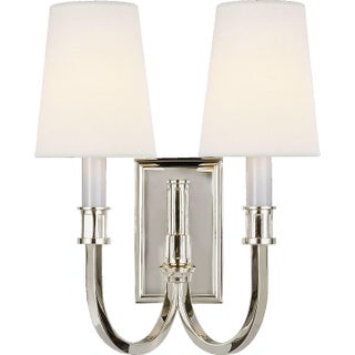 Thomas O'Brien for Visual Comfort Signature Modern Library Double Sconce in Polished Nickel with Linen Shades For Sale