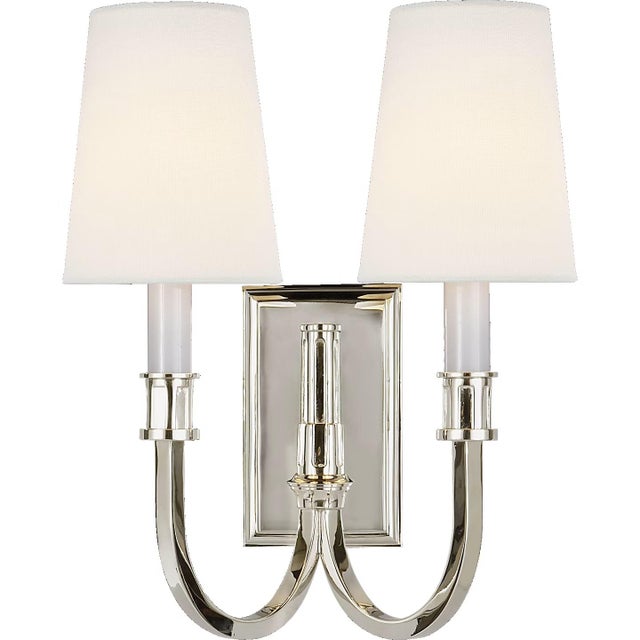 Thomas O'Brien for Visual Comfort Signature Modern Library Double Sconce in Polished Nickel with Linen Shades For Sale