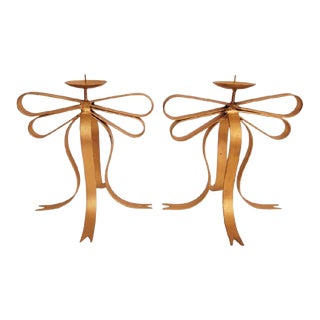 Vintage Iron Heavy Bow Shaped Gold Dorothy Draper Style Candle Holders- a Pair For Sale