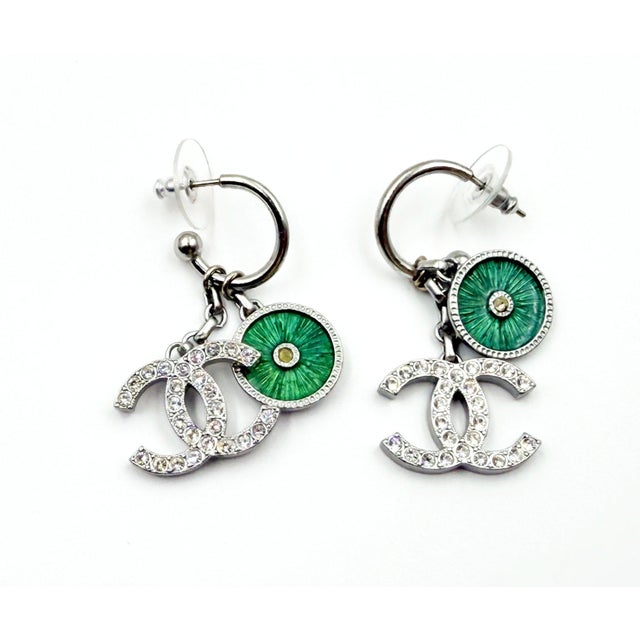 Contemporary Chanel Silver CC Crystal Green Enamel Wheel Dangle Piercing Earrings, A Pair For Sale - Image 3 of 5
