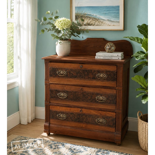 Sienna Antique Eastlake Walnut Dresser | Late 19th Century | Professionally Restored | Original Hardware For Sale - Image 8 of 12