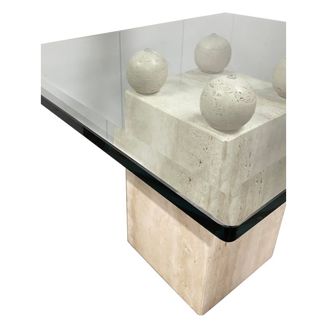 Mid-Century Style Cocktail or Side Table W/Sculptured Travertine Base and Glass For Sale - Image 4 of 12
