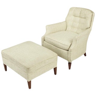 Button Tufted Creamy Linen Lounge Chair and Ottoman For Sale