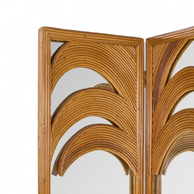 Mid 20th Century Vivai Del Sud Mid Century Italian Bamboo Rattan Palm Tree Folding Screen Mirror For Sale - Image 5 of 5