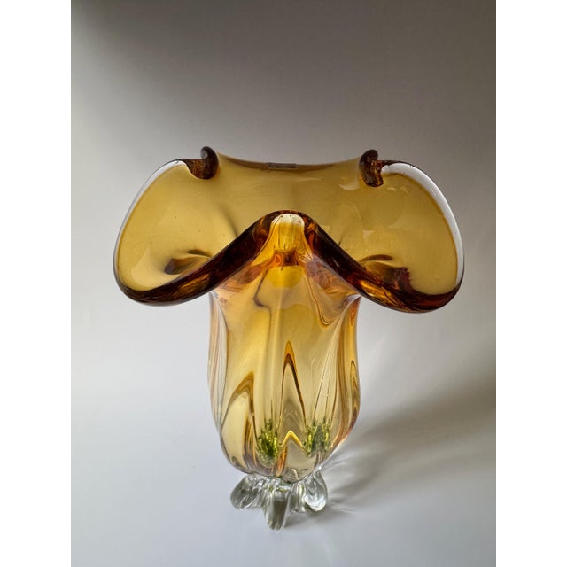 Bohemian Sculptural Amber Art Glass Vase with Folded Rim and Green Base from Egermann, Former Czechoslovakia, 1980s For Sale - Image 11 of 16