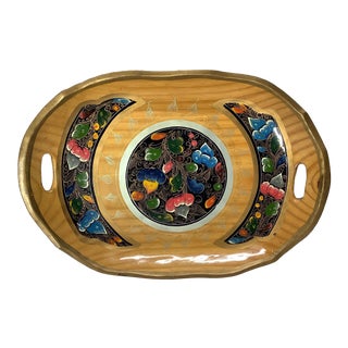 1960s Hand-Painted Mexican Folk Art Wooden Tray in Royal Blue, Fushia & Green For Sale