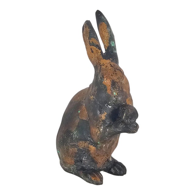 Mid-Century Japanese Showa Cast Iron Patinated Seated Rabbit Sculpture For Sale - Image 4 of 11