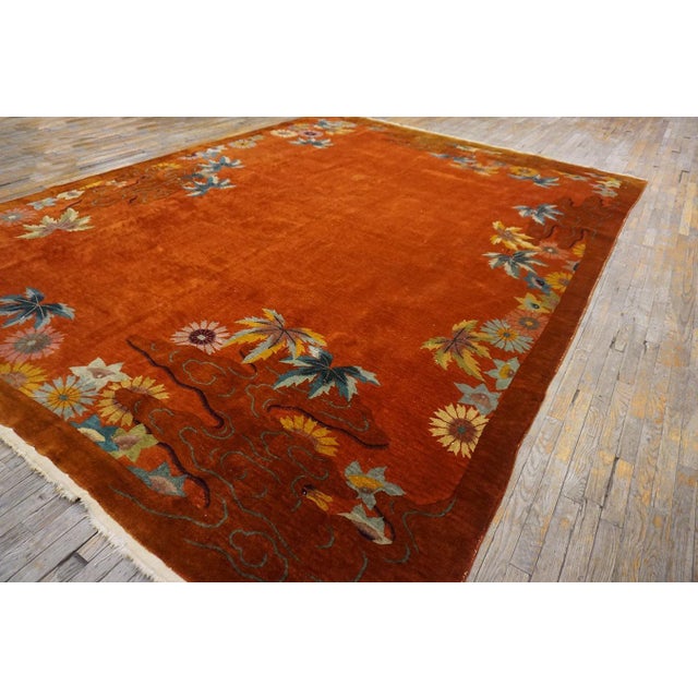 Striking Multi Color Daisies in a Floral Design With Orange-Terra-Cotta Ground Color Antique Chinese Art Deco Rug For Sale - Image 10 of 12