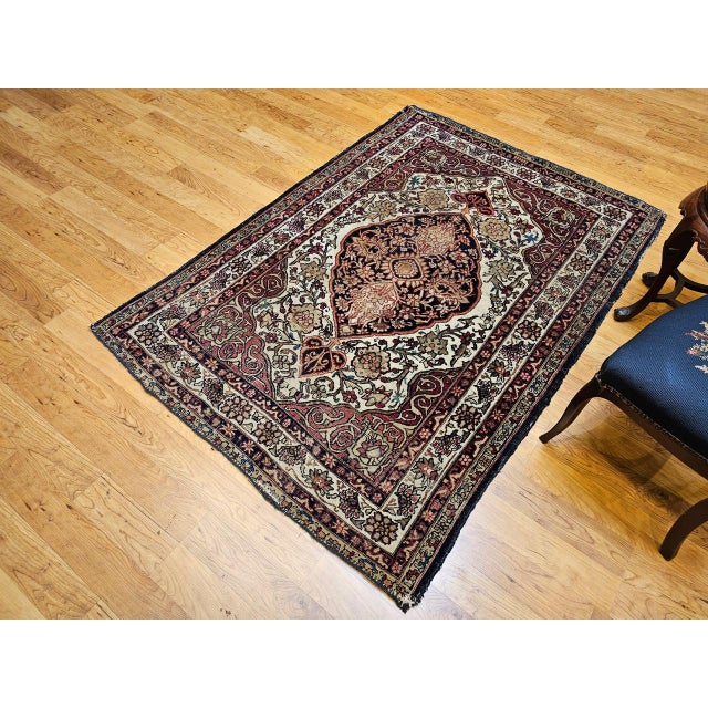 19th Century Persian Kerman Lavar Rug, Hand-Knotted Wool, Floral Design, Burgundy & Ivory, 4x6 For Sale - Image 4 of 18