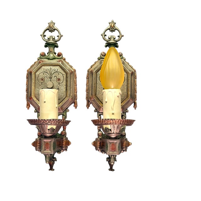 American 1920s Cast Aluminum Wall Sconces With Silver Red and Green Finish - Pair For Sale - Image 3 of 13