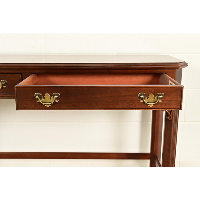 Brown Chippendale Carved Banded Mahogany Console Table by Craftique For Sale - Image 8 of 16